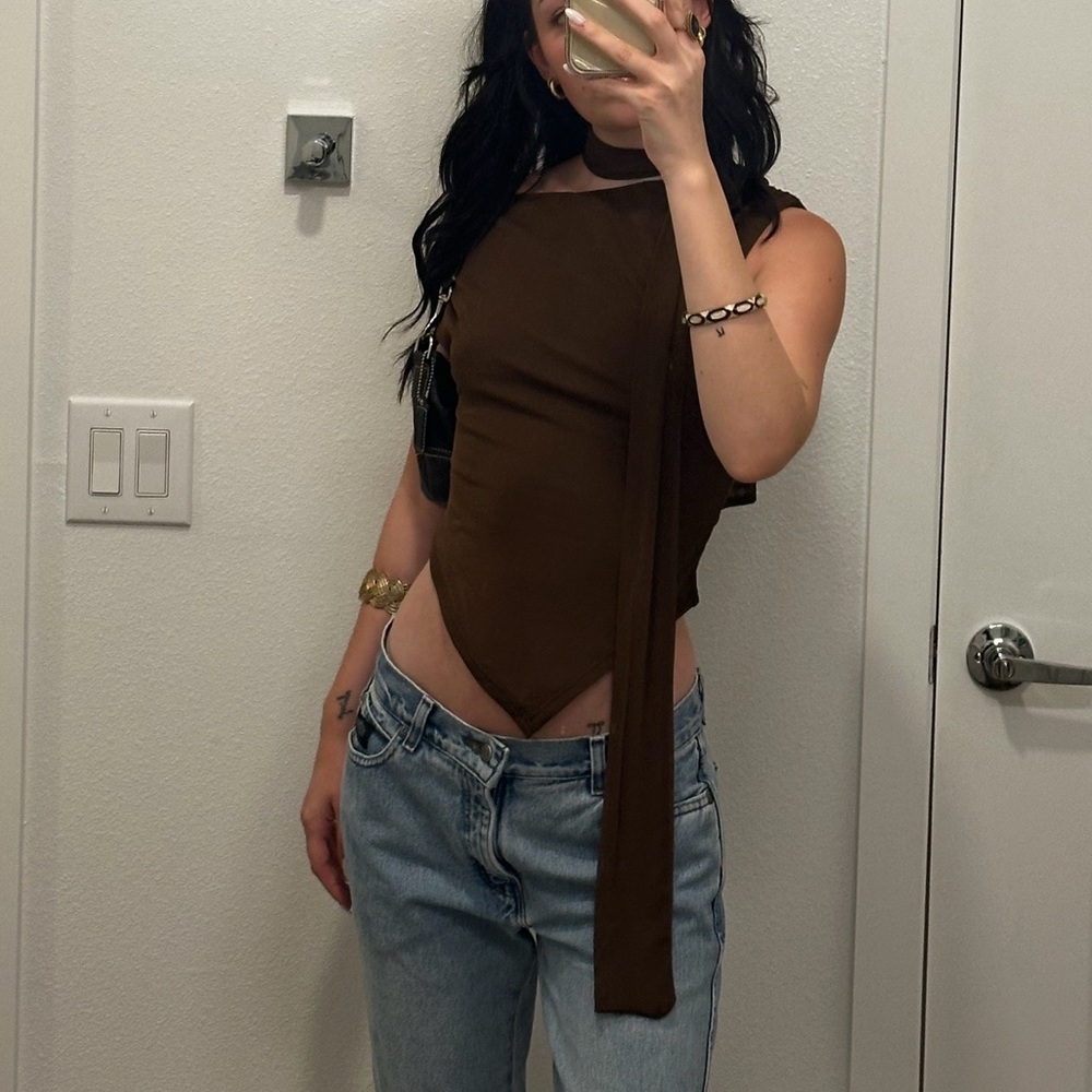 & Other Stories Chocolate Brown One-Shoulder Bodysuit